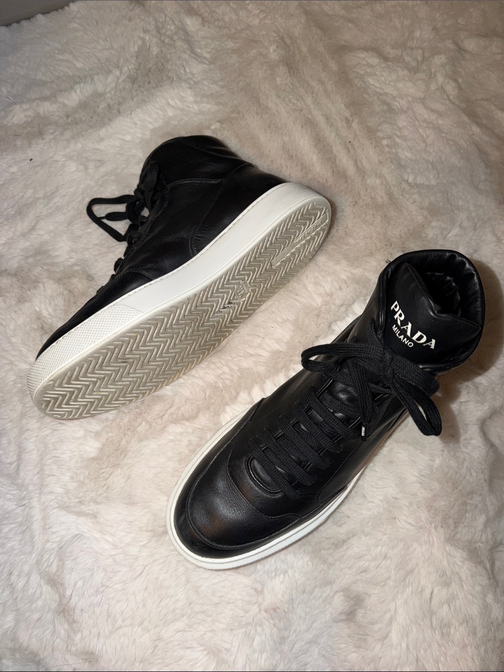 Prada men’s 45 black leather high top branded sneakers